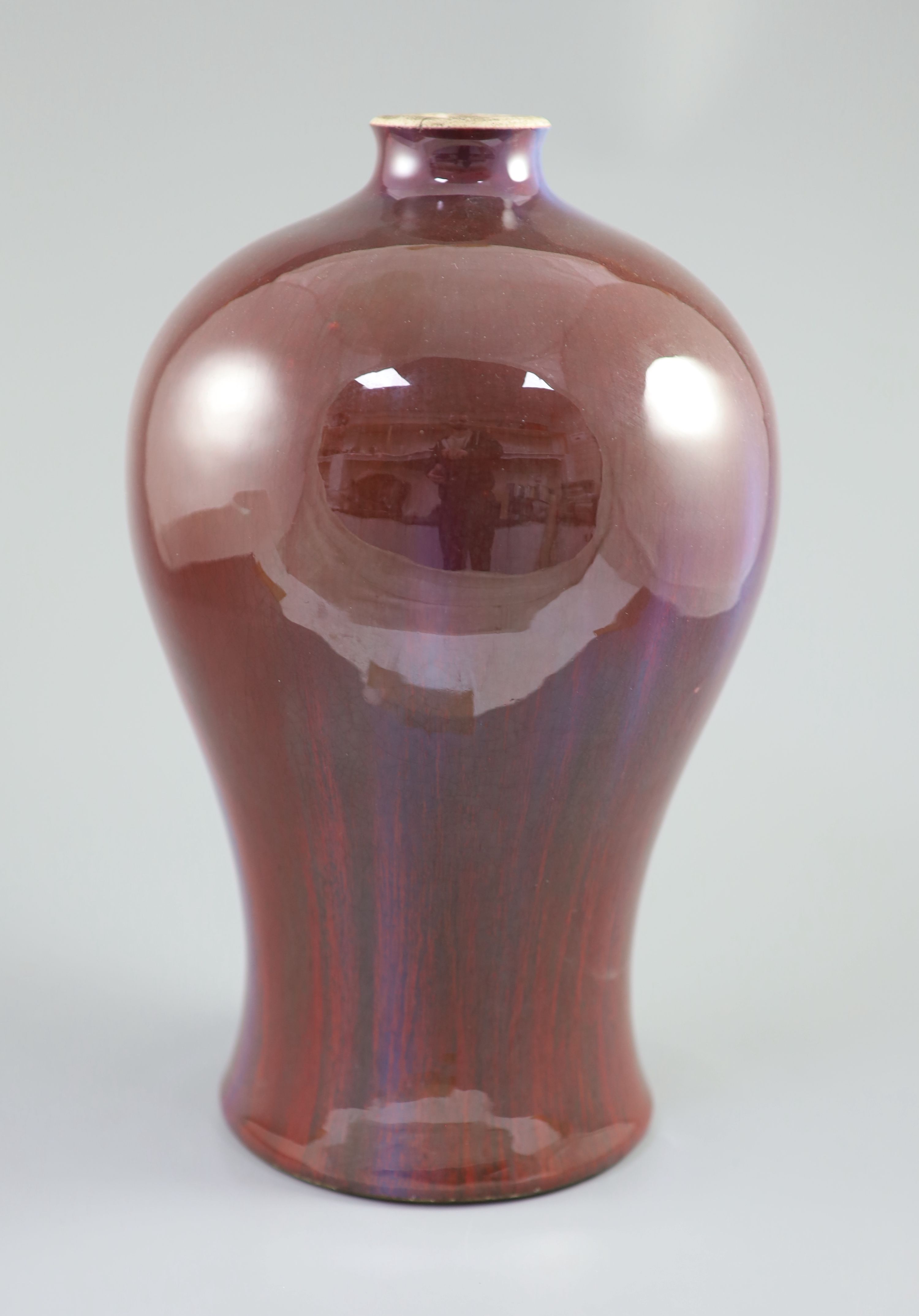 A large Chinese flambe meiping, 18th century, 35cm high, rim ground off